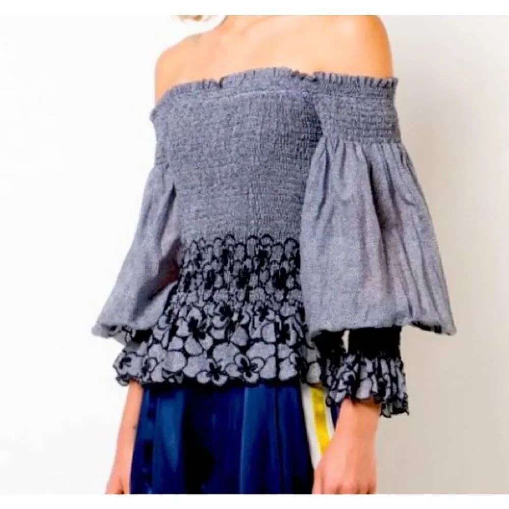 Alexis Jordana Floral Smocked Off-the-Shoulder Top Navy Blue Size XS